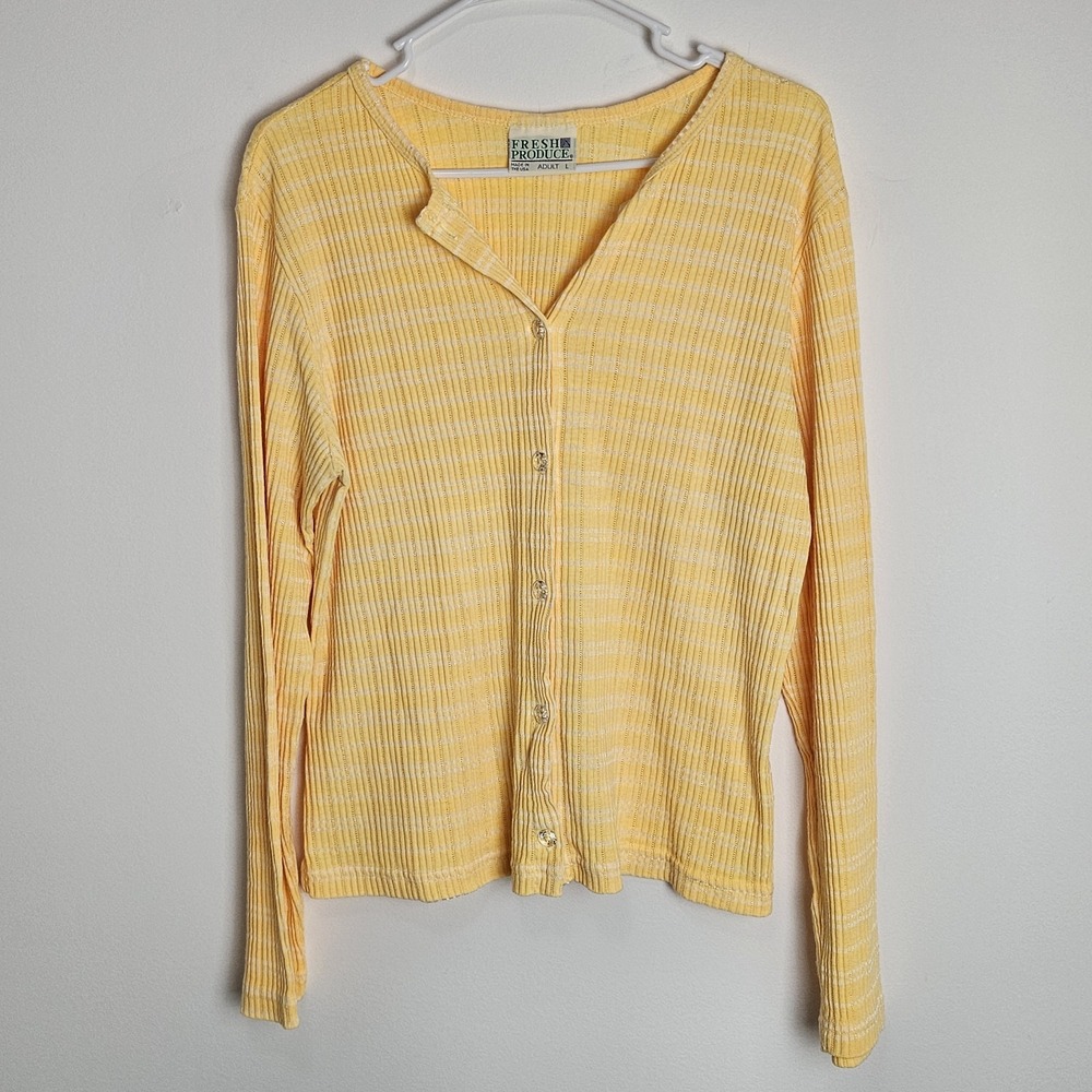 Fresh Produce Cardigan Sz L Accent Button Front‎ Sweater Yellow Striped USA VTG